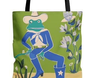 Cowboy Frog Tote Bag Green quirky western frog tote bag gift for frog lover