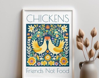 Chickens Poster Art Print Colourful Folk Art vegan poster vegetarian print chickens friends not food poster print farm animals vegan gift