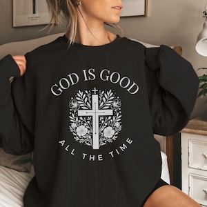 God Is Good Christian Vertical Cross Hoodie, Faith Outfit, Bible Verse Clothing, Cross with Flowers, Inspirational Christian Cross Gift