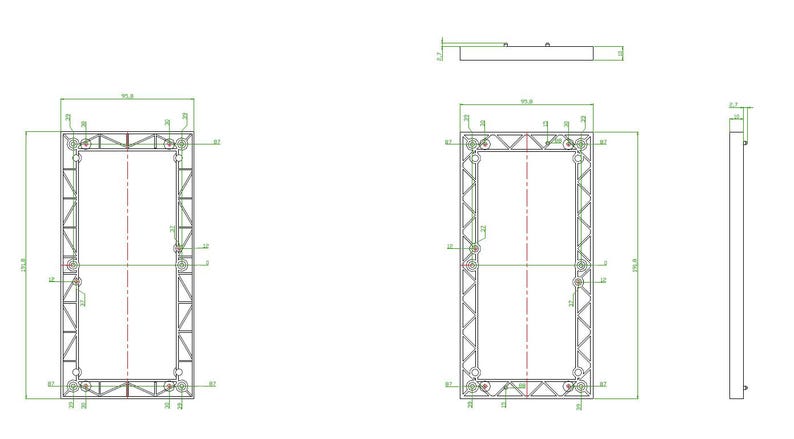 Pode incluir: Desenho t&eacute;cnico de uma estrutura met&aacute;lica retangular com dimens&otilde;es. A estrutura tem 243,3 cm de largura e 650 cm de altura. A vista lateral mostra uma profundidade de 1,8 cm. Linhas e n&uacute;meros verdes indicam as medidas.