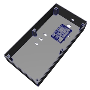May include: A rectangular dark gray electronics enclosure featuring a hollow interior with four corner mounting pillars. The base includes three keyhole-shaped slots and a rectangular cutout containing a mounted circuit board component.