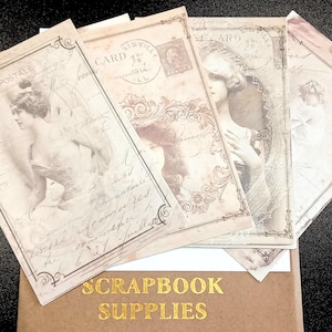 Pegatinas vintage, postales, pegatinas de papel para postales, aspecto teñido de té, beige, para mujer, París, francés, alemán, álbumes de recortes, estética, diario.