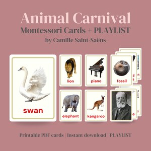Montessori Tierkarten für Kinder, Lernkarten für den Karneval der Tiere, Camille Saint-Saëns Playlist, Frühlernen druckbare Karteikarten