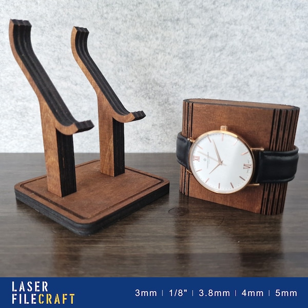 Watch Stand. Laser Cut & Customizable. 3mm, 1/8 inch, 3.8mm, 4mm, 5mm. Laser cut files. SVG, AI, LBRN2 (digital product)