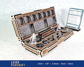 May include: A wooden box with a hinged lid, designed for storing and organizing dice and miniature figures. The box has a built-in foam insert with compartments for dice and a miniature figure. The box also has a slot for a card, which is visible in the image. The card has the title "Thunder Step" and contains text about the spell. The box is made of wood and has a natural wood finish. The box is 3mm thick.