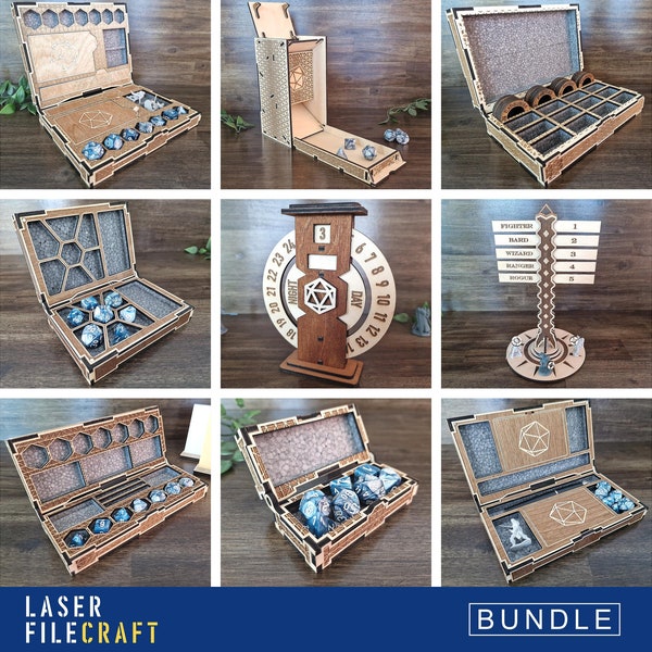 DnD Mega Bundle. Dice Boxes & Tower. Condition Set. Tracker. 3mm, 1/8 in, 3.8mm, 4mm, 5mm. Laser cut files. SVG, AI, LBRN2 (digital product)