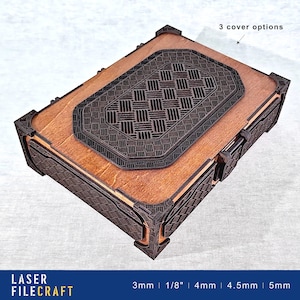 May include: A wooden box with a decorative, patterned lid. The box is made of dark wood with a light wood interior. The lid has a geometric pattern and is available in three different cover options. The box is 3 mm thick.