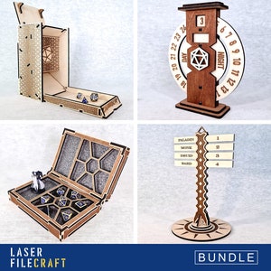 Gran paquete de DnD. Caja de dados y torre. Rastreador de iniciativa. Rastreador de tiempo. 3 mm, 1/8 in, 4 mm, 5 mm. Archivos cortados con láser. SVG, AI, LBRN2 (producto digital)