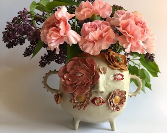 Decorative ceramic flowers, Eclectic style home decor, Large vase pink colors, Vase with flowers, Ceramic vase with face, Flower lover gift