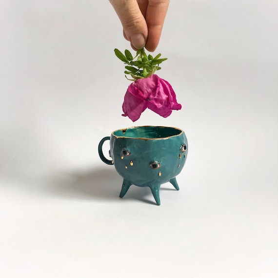 Turquoise and gold ceramic mug, Handmade ceramic tea cup with legs, Ceramic eye motif,  Spiritual mug, Gift for boss lady, Modern desk decor