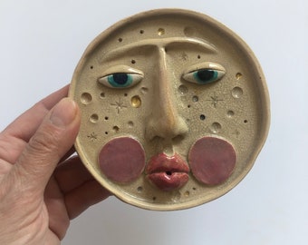 Handmade ceramic jewelry dish, Spiritual plate, Moon lover gift, Custom wedding gift, Boho decor, Decorative moon plate, Incense burner