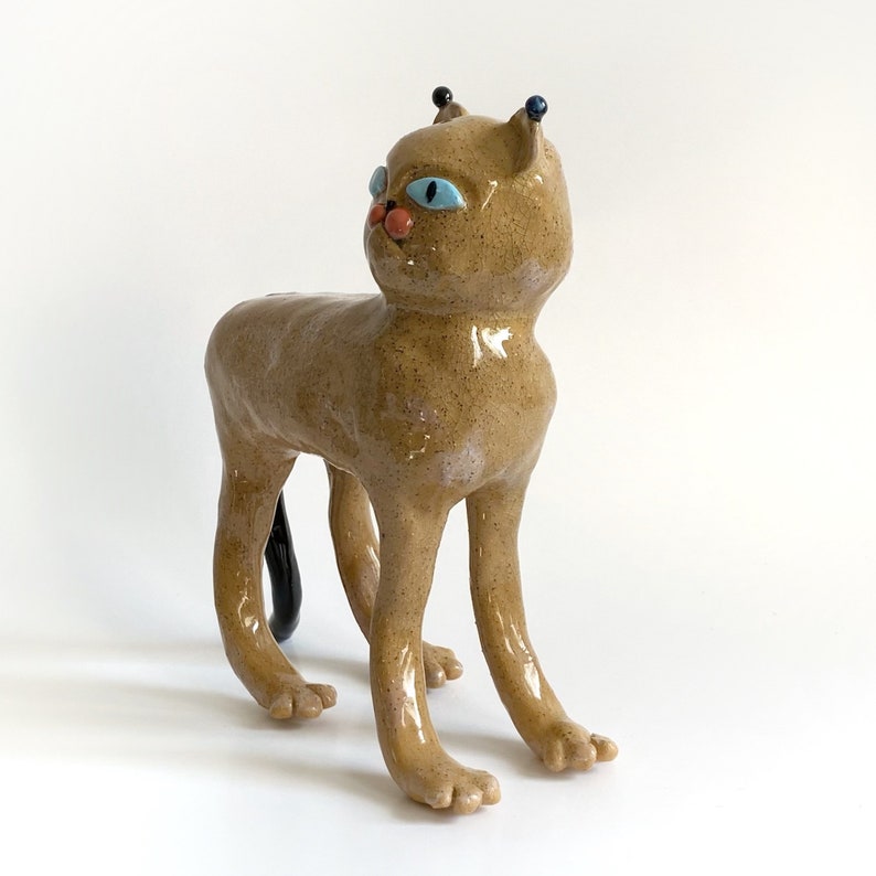 Wild cat figurine, Office desk decoration, Cat lover gift, Bohemian home decor, Large ceramic wild cat sculpture, Ceramic lion, Lynx statue image 10