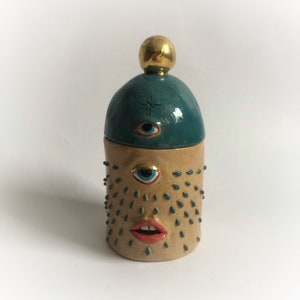 Eclectic style ceramic box, Ceramic face sculpture, Turquoise and gold decorative jar, Ceramic tears and eyes motif, Jewelry lover gift
