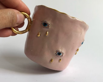 Ceramic pink and gold mug, Ceramic mug with eyes, Spiritual mug, Baby pink mug, Coffee mug with tears, Gold and pink coffee mug, Office mug