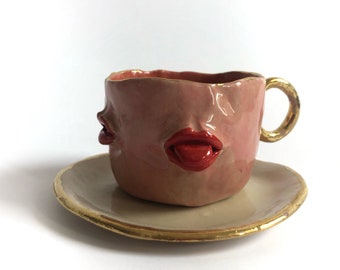 Red Lips Espresso Cup: Pink Ceramic Coffee Mug with Gold Accents