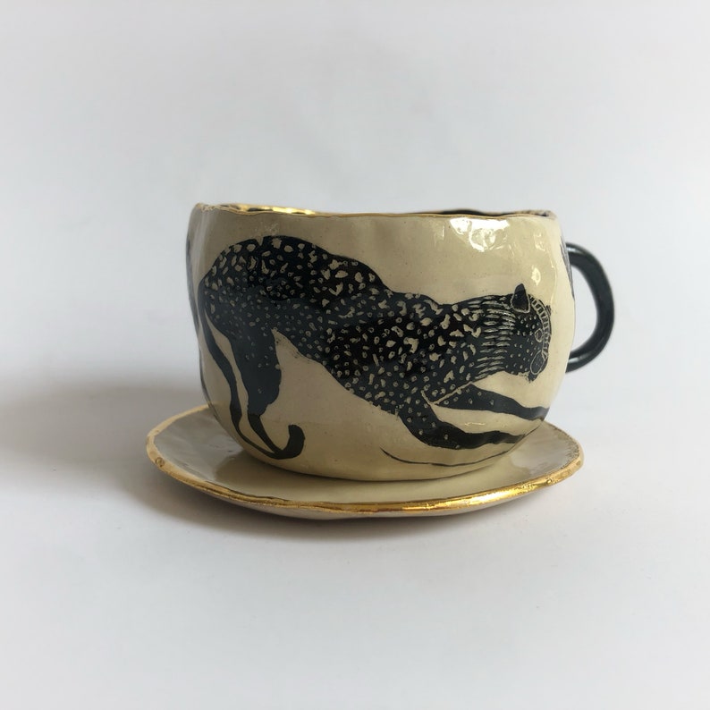 Cheetah lover mug, Wild cat lover cup, Handmade coffee cup, Black and gold coffee mug, Coffee lover gift, Co worker gift, New job gift image 2