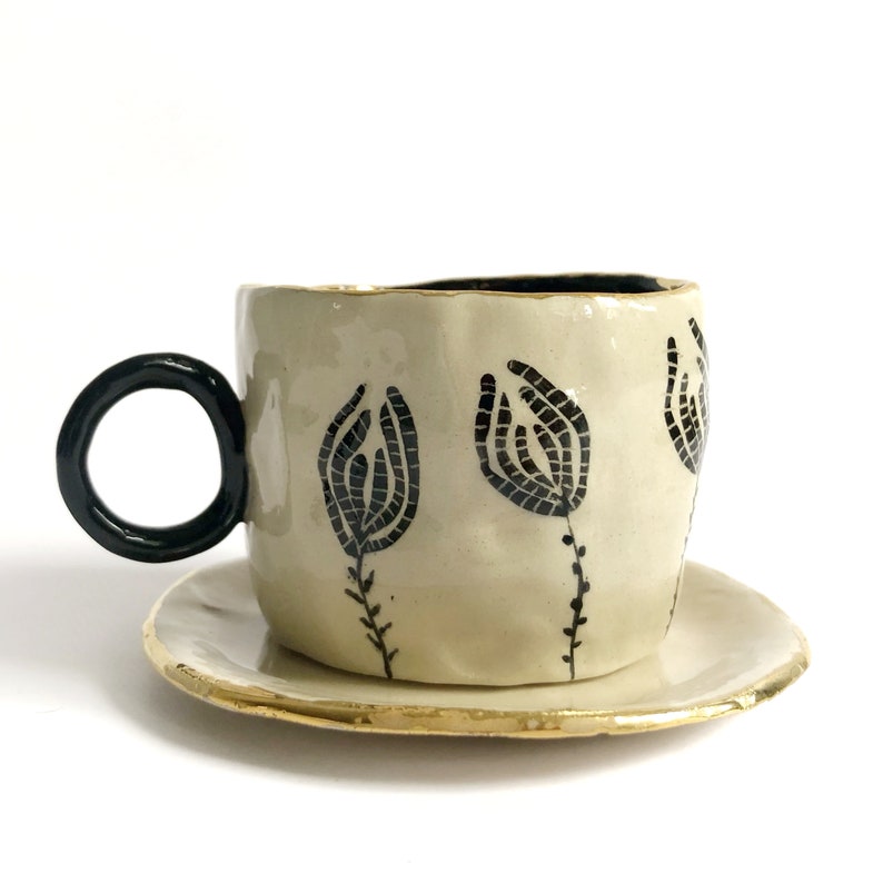 Ceramic espresso cup, Flower lover gift, Espresso cup, Black and gold coffee mug, Coffee lover gift, Plant lover gift, Tea cup, Office cup image 1