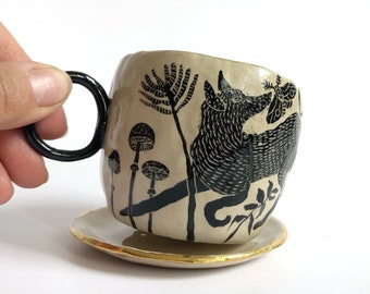 Fox lover mug, Ceramic coffee mug black and gold, Forest lover gift, Mushroom lover mug, Wild animal lover mug, Tea cup with gold