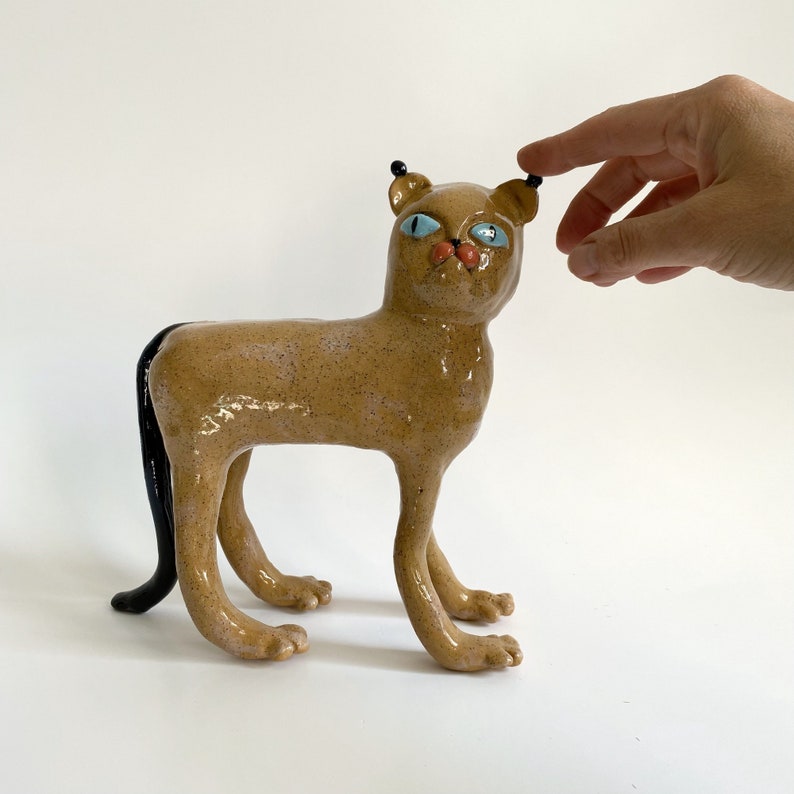 Wild cat figurine, Office desk decoration, Cat lover gift, Bohemian home decor, Large ceramic wild cat sculpture, Ceramic lion, Lynx statue image 3