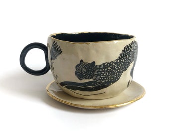 Geparden Liebhaber Tasse, Wildkatzen Liebhaber Tasse, Handgemachte Kaffeetasse, Schwarz-Gold Kaffeetasse, Kaffee-Liebhaber Geschenk, Mitarbeiter Geschenk, Neuer Job Geschenk