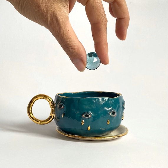 Spiritual mug, Turquoise and gold ceramic mug, Ceramic tea cup, Ceramic eye motif, Eclectic decorative mug, Personalized mug, Office mug