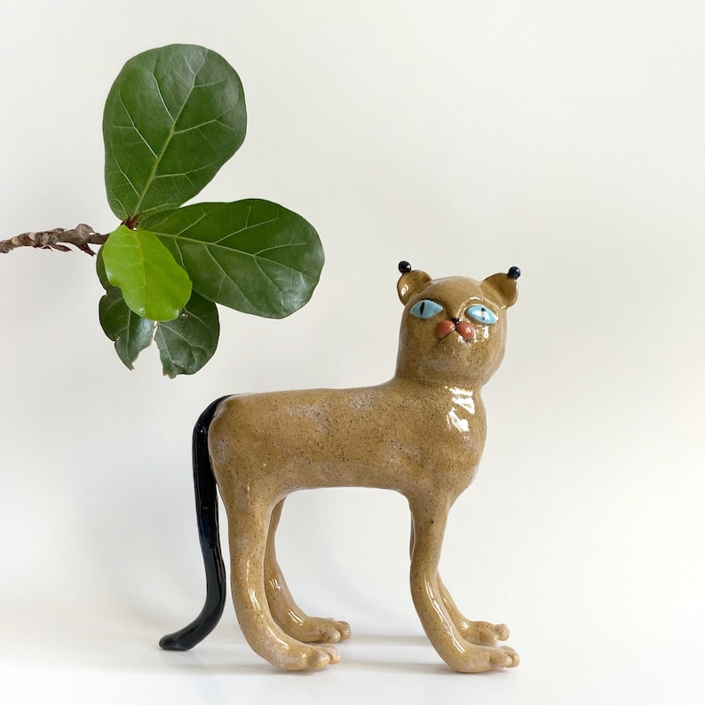 Wild cat figurine, Office desk decoration, Cat lover gift, Bohemian home decor, Large ceramic wild cat sculpture, Ceramic lion, Lynx statue image 1