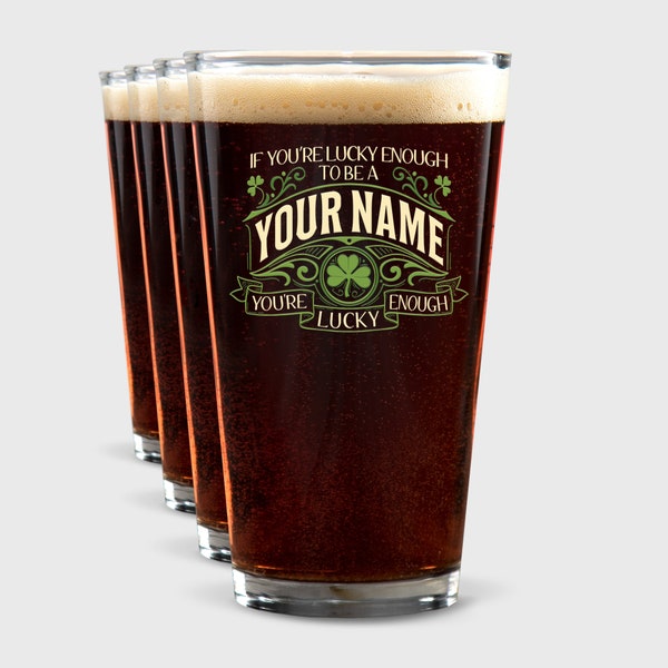 Custom Lucky Glassware, Personalized Color-Printed Pint Glass Single or Set of 4, Celtic Gaelic Irish Family Pride Enough Shamrock Cultural