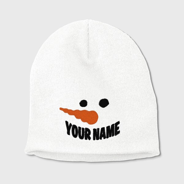 Custom Snowman Beanie, Personalized Embroidered Knit Cap, Snow Winter Outdoor Activity Snow Sports Hat, Carrot Nose, Eyes Made Out of Coal