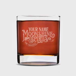 Custom Rocks Glass Single or Set of 4, Personalized Engraved Rocks Glasses, Moonshine and Spirits Co, Sipping Whiskey Bourbon Corn Mash