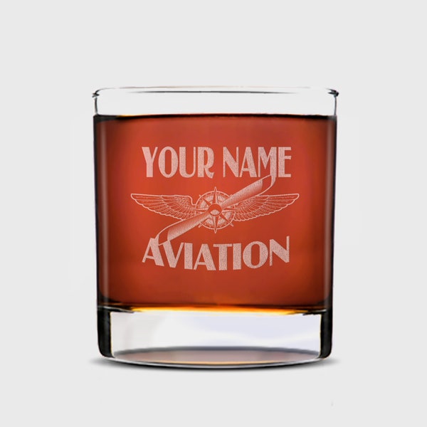 Custom Aviation Rocks Glasses, Personalized Engraved Single or Set Of 4, Propeller Wings, Pilots Aviators Aeronautics Flight Fanatics