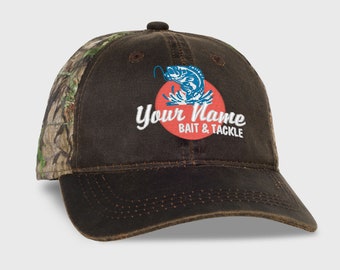 Custom Fishing 2-Tone Camo Hat, Personalized Embroidered Ballcap, Bait and Tackle Real Tree Edge Camo Outdoor Fishing Boating Man Gift