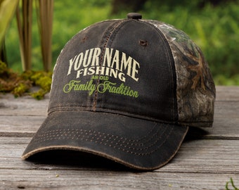 Custom Fishing 2-Tone Camo Hat, Personalized Embroidered Ballcap, Family Tradition Baseball Hat, Outdoors Apparel Your Name Nature Fisherman