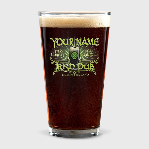 Custom Irish Pub Pint, Personalized Color-Printed Classic 16 oz Glass Single or Set of 4, for Your Name Family Reunion, for Home Bar Table