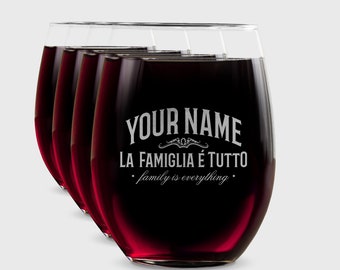 Custom Famiglia Wine Glass Single or Set of 4, Personalized Engraved Stemless Wine Glass, Family Is Everything, Famiglia Italiano, Your Name