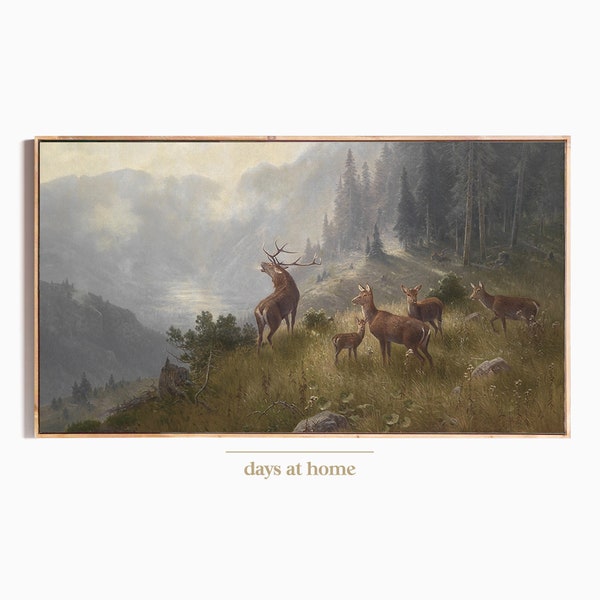 Samsung Frame TV Art, Antique Deer, Stag Oil Painting, Rustic Cabin Decor, Vintage Mountain, Victorian Landscape, DIGITAL Download TV136