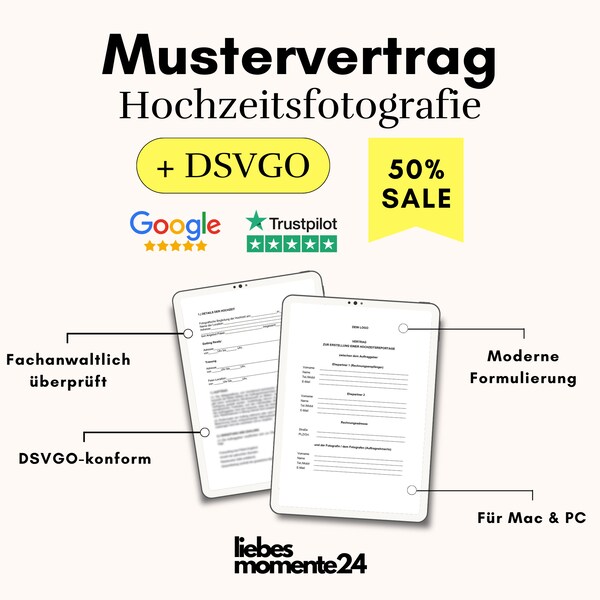 Mustervertrag - Hochzeitsfotografie Hochzeitsreportage + DSVGO Template Fotograf Hochzeit Fotografie Videografie Hochzeitsvertrag Deutsch