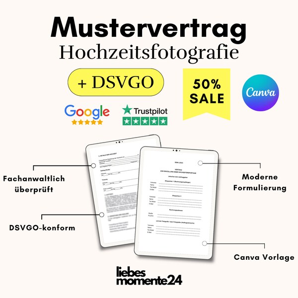 Mustervertrag - Hochzeitsfotografie Hochzeitsreportage + DSVGO Canva Template Fotograf Hochzeit Fotografie Hochzeitsvertrag Deutsch Vorlage