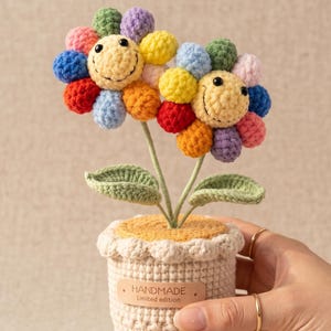 Peut inclure: Une plante en pot crochetée avec deux fleurs aux pétales multicolores et visages souriants. Les fleurs ont des feuilles et des tiges vertes, dans un pot en crochet beige avec une étiquette en similicuir beige marquée HANDMADE Limited edition.