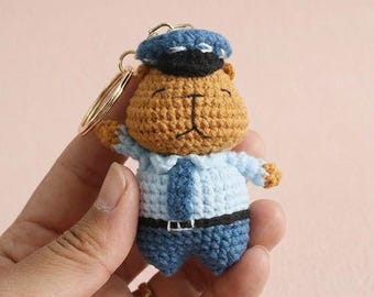 Crochet  Capybara Police Officer Keychain | Amigurumi Cop Bag Charm