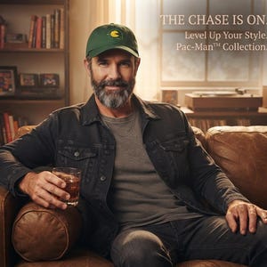 May include: A dark green baseball cap featuring a yellow Pac-Man character graphic on the front. The text on the image reads: THE CHASE IS ON. Level Up Your Style. Pac-Man Collection. The cap has a curved brim and a structured crown design.