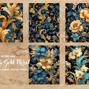 Blue &amp; Gold Floral Printable, Blue and Gold Paper, Journal Kit, Journal ...