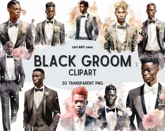 Schwarzer Bräutigam Aquarell Clipart: Hochzeit PNG Kunst (Digitaler Download)