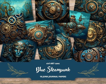 Blauw digitaal Steampunk-papier: afdrukbare dagboekachtergronden (directe download)