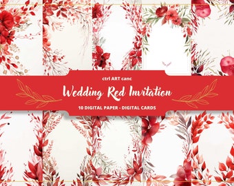 Red Floral Wedding Invitation Digital Paper (JPEG Files)