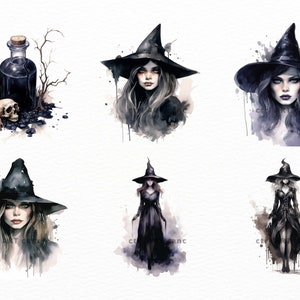 K&ouml;nnte beinhalten: Sechs Aquarell-Illustrationen von Hexen mit schwarzen spitzen H&uuml;ten und wallendem schwarzem Haar. Die Hexen sind in verschiedenen Posen dargestellt, einige mit einem Zaubertrankfl&auml;schchen und einem Sch&auml;del, andere mit einem Stab und einige mit einem Besen.