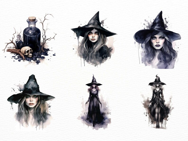 K&ouml;nnte beinhalten: Sechs Aquarell-Illustrationen von Hexen mit schwarzen spitzen H&uuml;ten und wallendem schwarzem Haar. Die Hexen sind in verschiedenen Posen dargestellt, einige mit einem Zaubertrankfl&auml;schchen und einem Sch&auml;del, andere mit einem Stab und einige mit einem Besen.