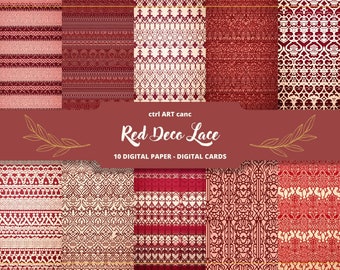 Red Deco Lace Digital Paper: Scrapbook & Junk Journal (Digital Download)