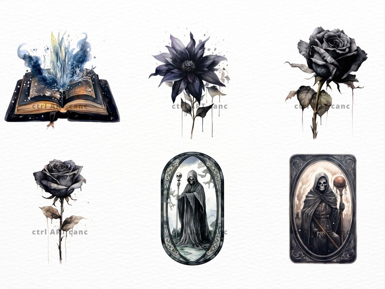 K&ouml;nnte beinhalten: Ein Set aus sechs Aquarell-Illustrationen mit dunklen und gotischen Motiven. Die Illustrationen zeigen eine schwarze Rose, eine schwarze Blume, ein Buch mit einem leuchtend blauen Licht, eine skelettartige Figur in einer Kapuzenrobe und eine skelettartige Figur in einer Kapuzenrobe, die einen Stab h&auml;lt.