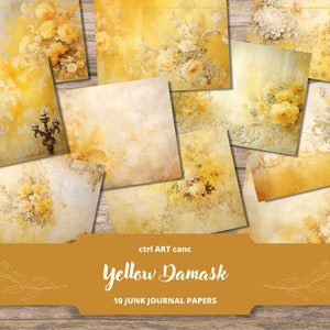 Geel dagboekpapier Junk Journal-papier Geel damast afdrukbaar papier voor scrapbookachtergrond Geel papieren dagboek Digitaal papieren plakboek