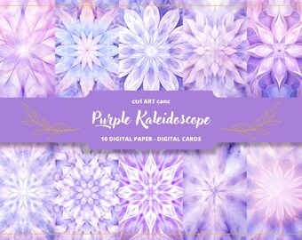 May include: A digital art piece featuring ten floral designs in shades of purple and white. The designs are arranged in a grid, with a banner at the bottom that reads "Purple Kaleidoscope" and "10 Digital Paper - Digital Cards."